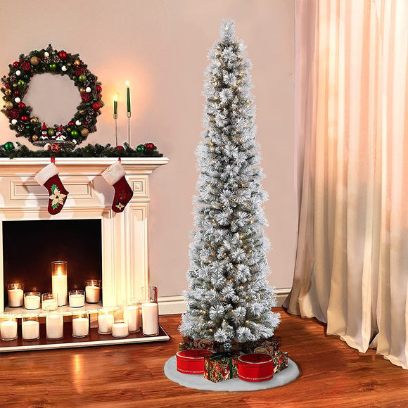 9 Foot Pre-Lit Flocked Portland Pine Pencil Artificial Christmas Tree with 450 UL Listed Clear Lights