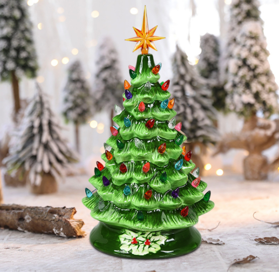 15'' Prelit Hand-Painted Ceramic Tabletop Christmas Tree