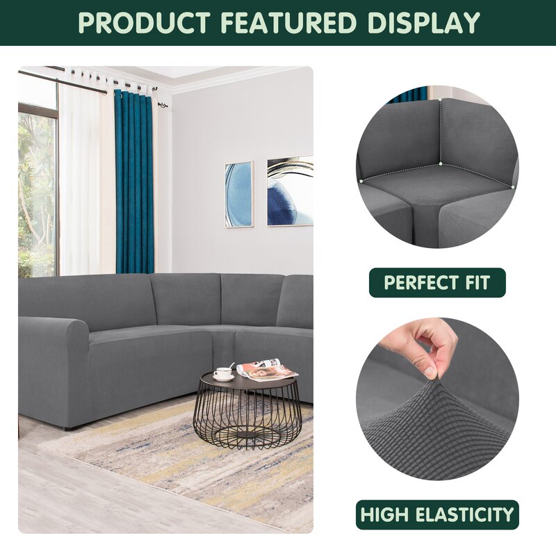 Elastic Corner Combo Box Cushion Sofa Slipcover, sectional, grey
