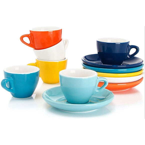 6 piece assorted hot colors cup/saucer - white saucer chipped