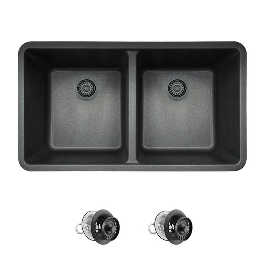 Quartz Granite 32`` x 19`` double undermount sink, black