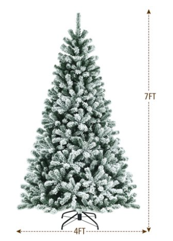 7ft Pre-lit Snow Flocked Hinged Christmas Tree w/1116 Tips & Metal Stand