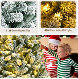 7ft Pre-lit Snow Flocked Hinged Christmas Tree w/1116 Tips & Metal Stand