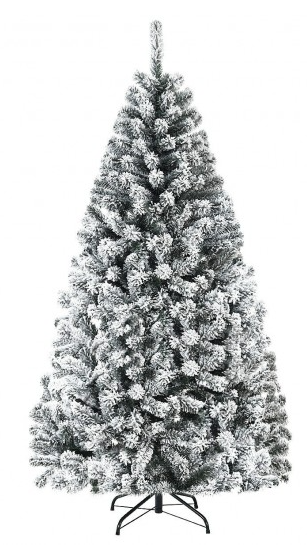 6 Feet Unlit, Artificial Snow Decorated Flocked Hinged Christmas Tree with Metal Stand