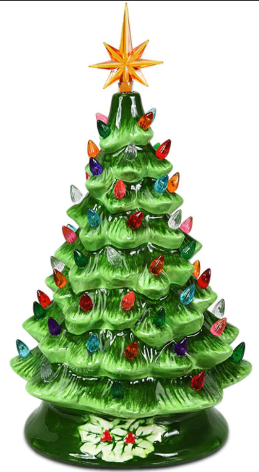 15 in. Green Ceramic Tabletop Christmas Tree with Lights