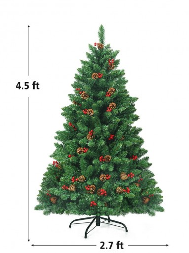 4.5Ft Pre-lit Hinged Christmas Tree w/ Pine Cones Red Berries and 300 LED Lights