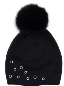 V Fraas Women's Fox Fir Pom, Grommets Pom Hat, Black, One-Size