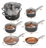 12-Piece Copper Non-Stick Cookware Set, Pots and Pans Set, Fry Pan, Casserole Pot, Stock Pot with Handle & Tempered Glass Lid, Ceramic Stovetops/Induction Cooktops, Dishwasher/Oven Safe