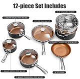 12-Piece Copper Non-Stick Cookware Set, Pots and Pans Set, Fry Pan, Casserole Pot, Stock Pot with Handle & Tempered Glass Lid, Ceramic Stovetops/Induction Cooktops, Dishwasher/Oven Safe