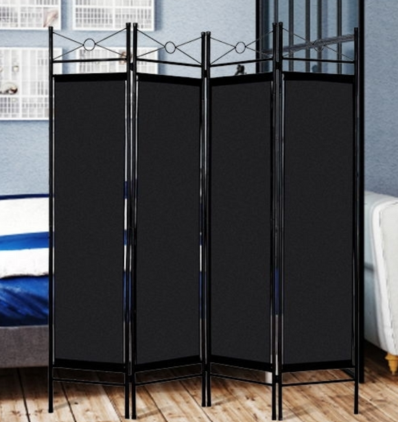 71 in. Black 4-Panel Room Divider Privacy Screen with Metal Frame