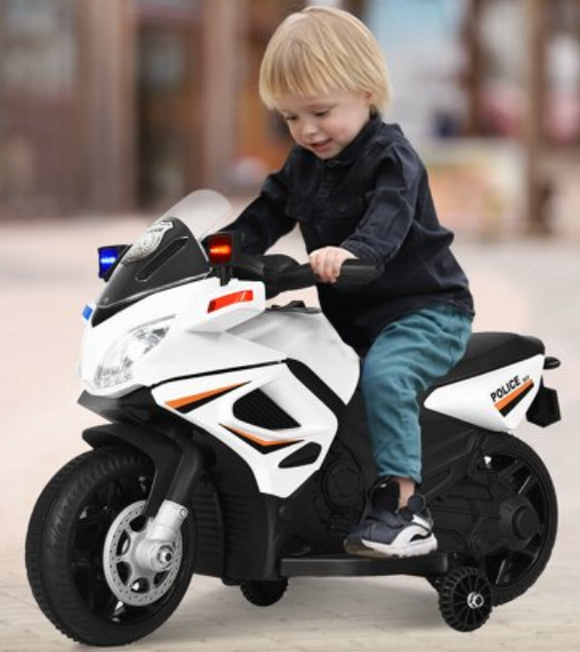 6V Kids Ride On Police Motorcycle 4-Wheel Electric Toy w/ Training Wheels, ages up to 3