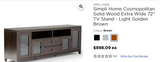 Solid Wood Cosmopolitan Extra  72" TV Stand, corner brackets added, assembled