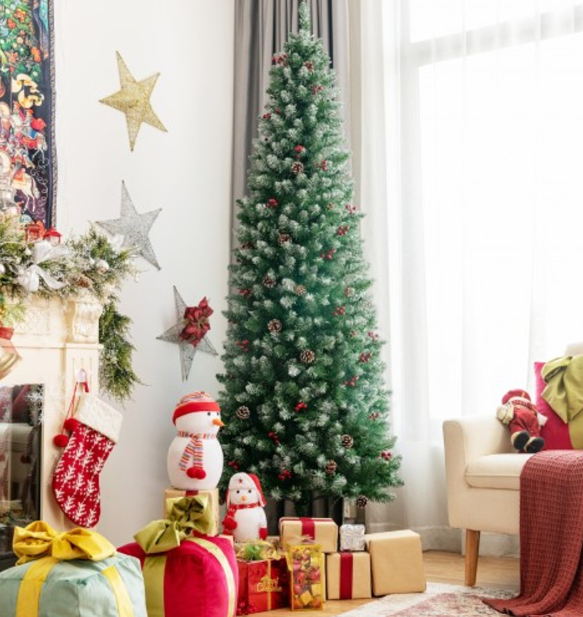 Pre-Lit Artificial Pencil Christmas Tree With Pine Cones And Red Berries-7 Ft CM23667US