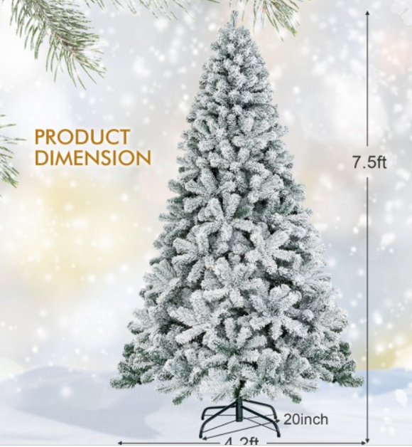 7.5 Feet Snow Flocked Hinged Artificial Christmas Tree without Lights, cm22068