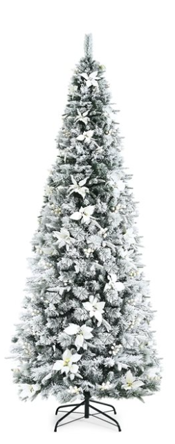 8-ft Snow-Flocked Artificial Christmas Tree with Berries and Poinsettia Flowers, cm23503