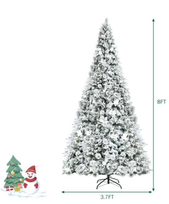 8ft, Unlit,  Snow Flocked Hinged Christmas Tree w/ Berries & Poinsettia Flowers - CM23507