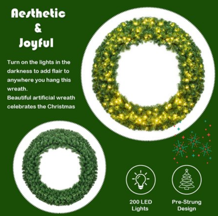 48'' Pre-lit Cordless Artificial Christmas Wreath 714 Tips w/ 200 LED Light&Timer, CM22821