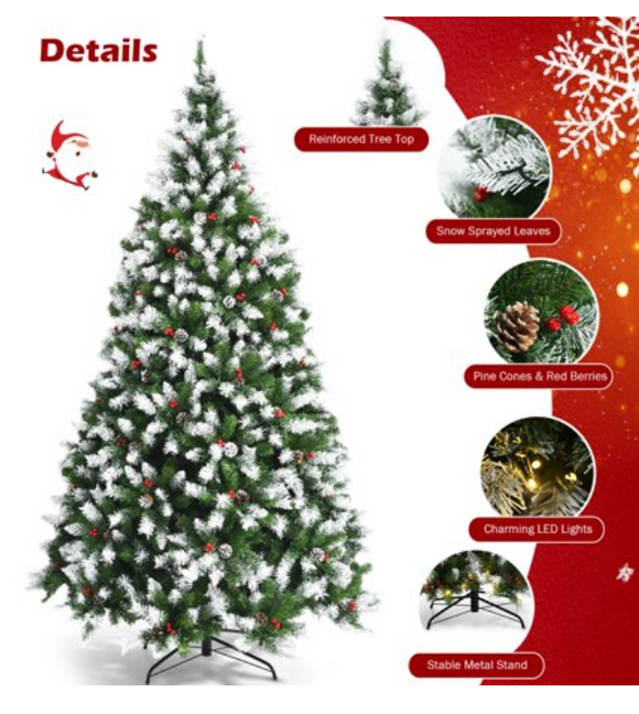 7.5ft Pre-lit Snowy Christmas Tree 1398 Tips w/ Pine Cones & Red Berries, cm235512us