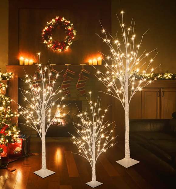 Pre-Lit Birch Tree Set Of 3, Perfect Christmas Decoration For Indoor And Outdoor Use