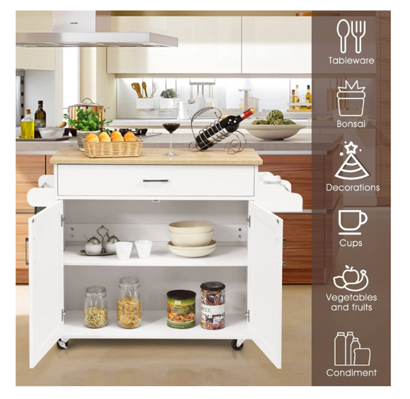 Rolling Kitchen Island Cart with Towel and Spice Rack, white, fully assembled, small scratch & dent
