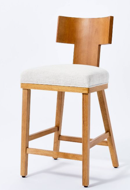 Sculptural Wood Counter Height Barstool with Upholstered Seat Linen