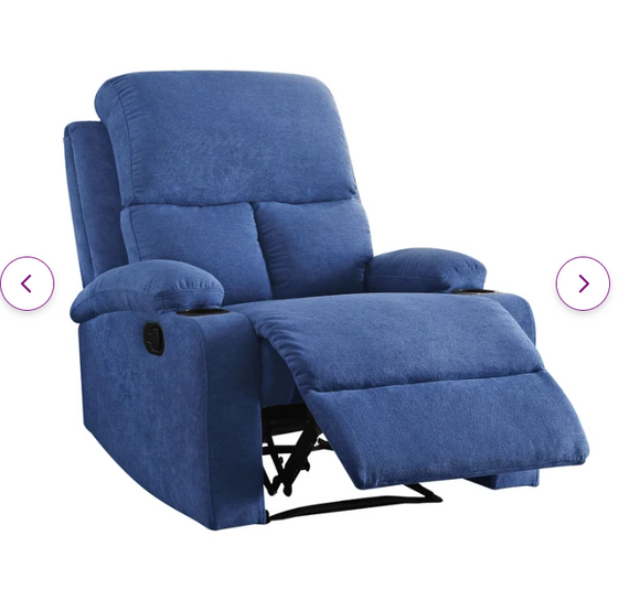 Velvet manual recliner with cup holders,  blue