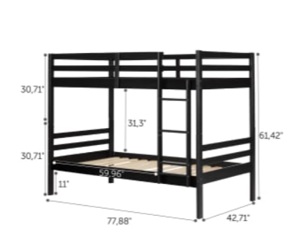 Fakto - Solid Wood Industrial Bunk Bed, twin, black, in box