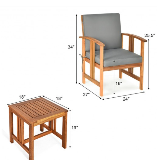 3 Pieces Solid Wood Outdoor Patio Sofa Furniture Set, assembled
