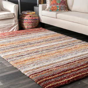 West Valley City Striped Handmade Tufted Red Area Rug, Red/Multi