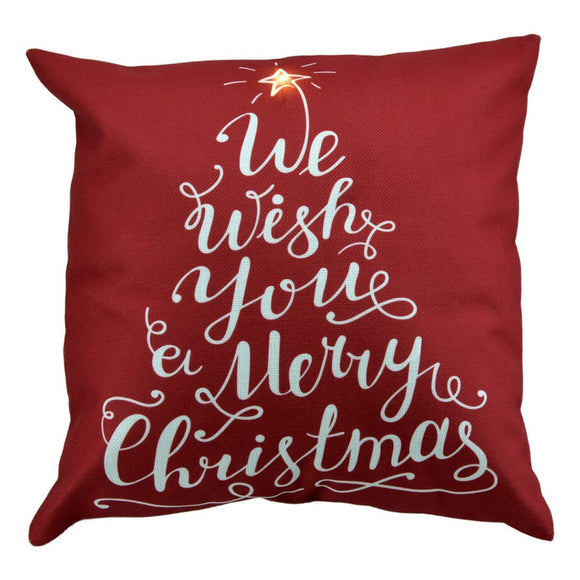 CUSHION LIGHTED 16″X16″ 1LED MERRY CHRISTMAS PRINT RED/ WHITE