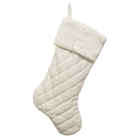 STOCKING 20.5″ IVORY VELVET QUILTED W/ FAUX FUR CUFF