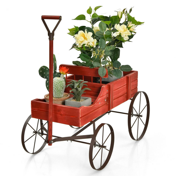 Wooden Wagon Plant Bed With Wheel for Garden, red