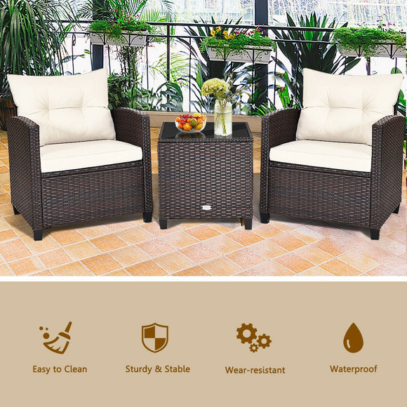 3 Pieces Patio Rattan Furniture Set with Cushion, White, Fully assembled