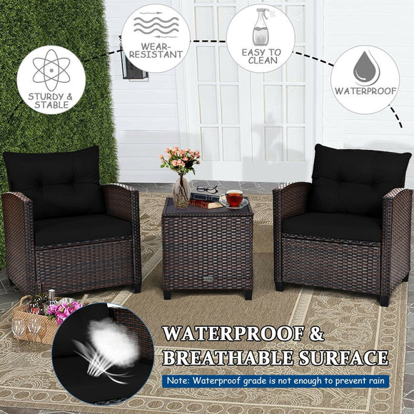 3 Pieces Patio Rattan Furniture Set with Cushion, 1 box unassembled