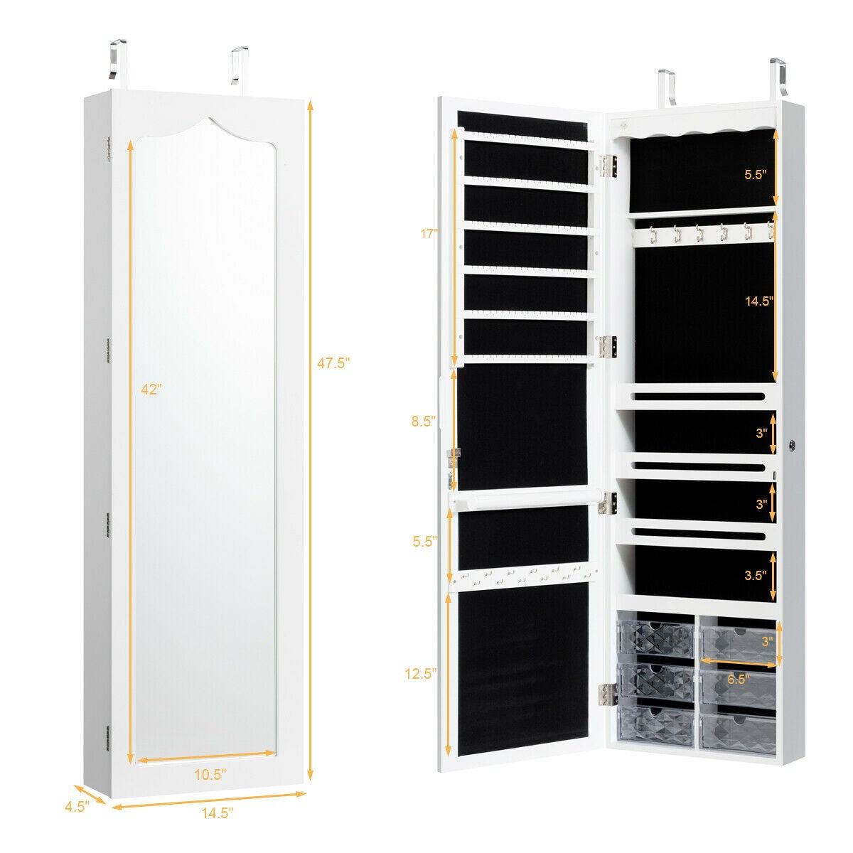 5 LEDs Jewelry Armoire Wall Mounted / Door Hanging Mirror, white, slight scratch 7 dent