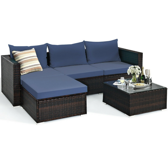 5 Pieces Patio Rattan Sectional Furniture Set with Cushions and Coffee Table, *2 BOXES/UNASSEMBLED*