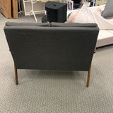 Upholstered 2 seater sofa, grey with wood