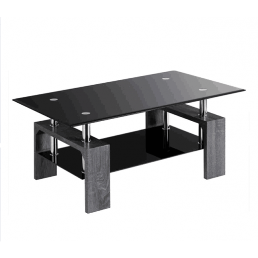 Rectangle Glass Coffee Table with Black Top and Metal Legs for Livingroom