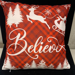 Believe Christmas Pillow, Santa & Raindeer