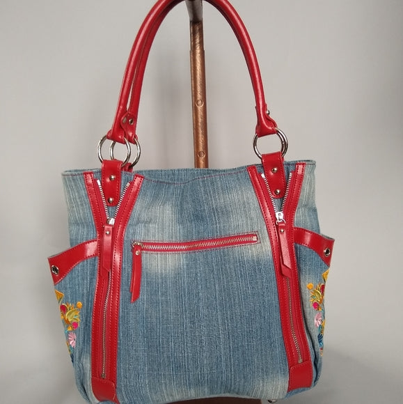 Sharif Handbags Denim Embrodery - red trim