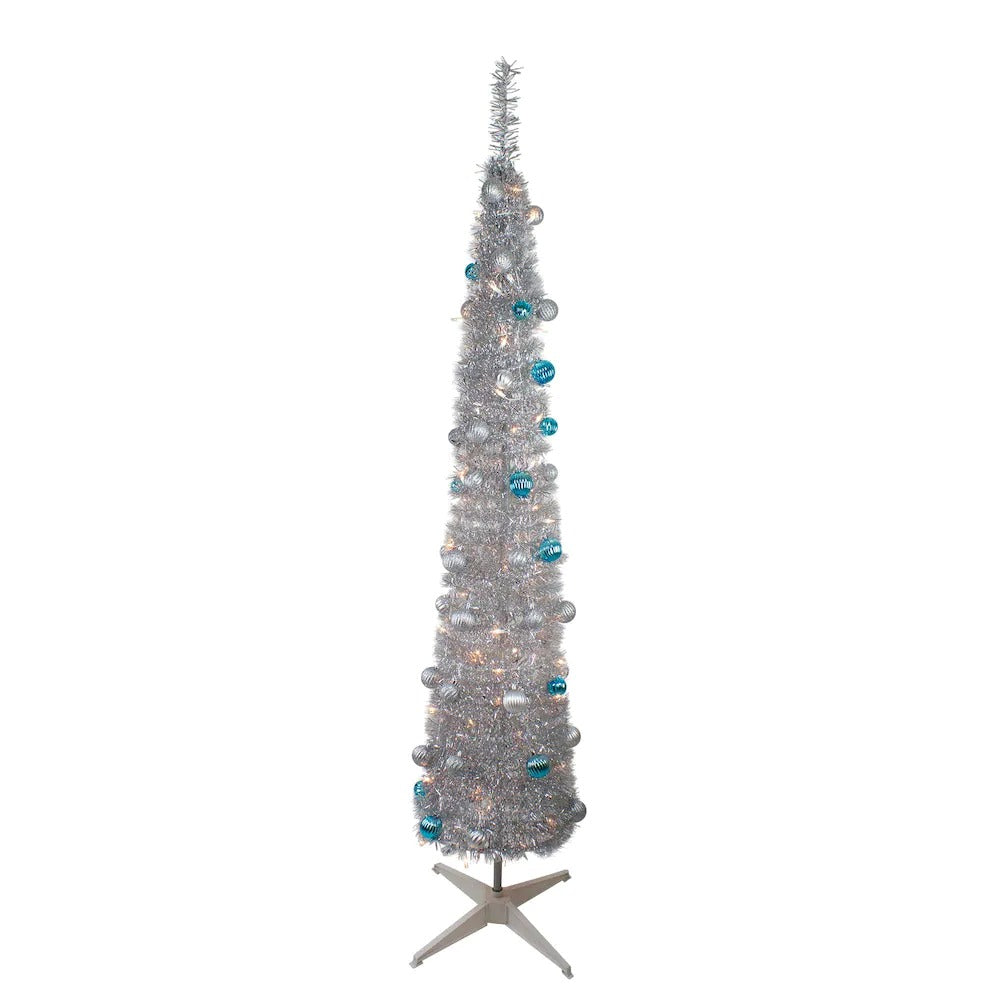 6' Pre-Lit Silver Tinsel Pop-Up Artificial Christmas Tree - Clear Lights