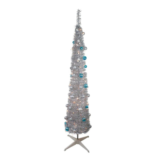 6' Pre-Lit Silver Tinsel Pop-Up Artificial Christmas Tree - Clear Lights
