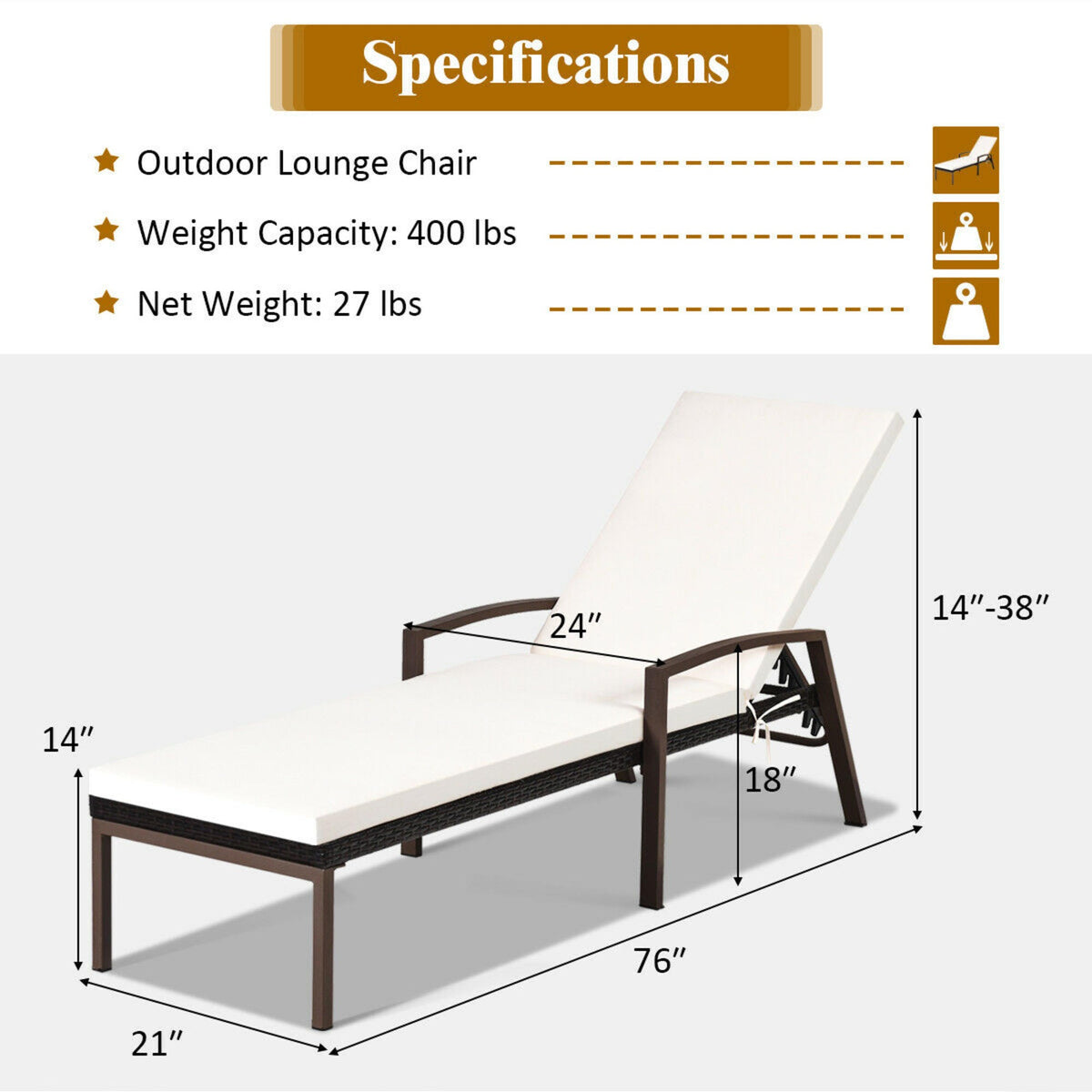 Patio Rattan Chaise Recliner Back Adjustable Cushioned - *UNASSEMBLED ...