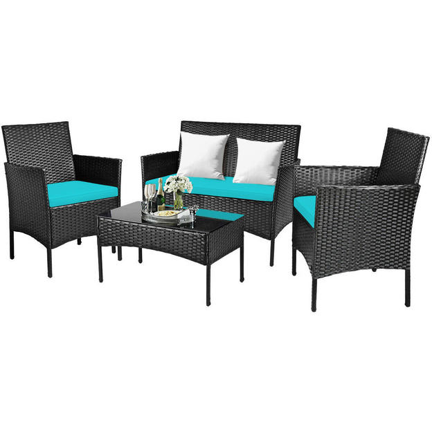 4-Piece Wicker Outdoor Sectional Set with Turquoise Cushions - *UNASSEMBLED/IN BOX* - HW65357TU