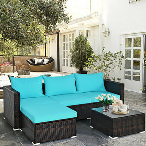 5 Pieces Patio Rattan Sectional Furniture Set with Cushions and Coffee Table, *2 BOXES/UNASSEMBLED*- TURQUOISE