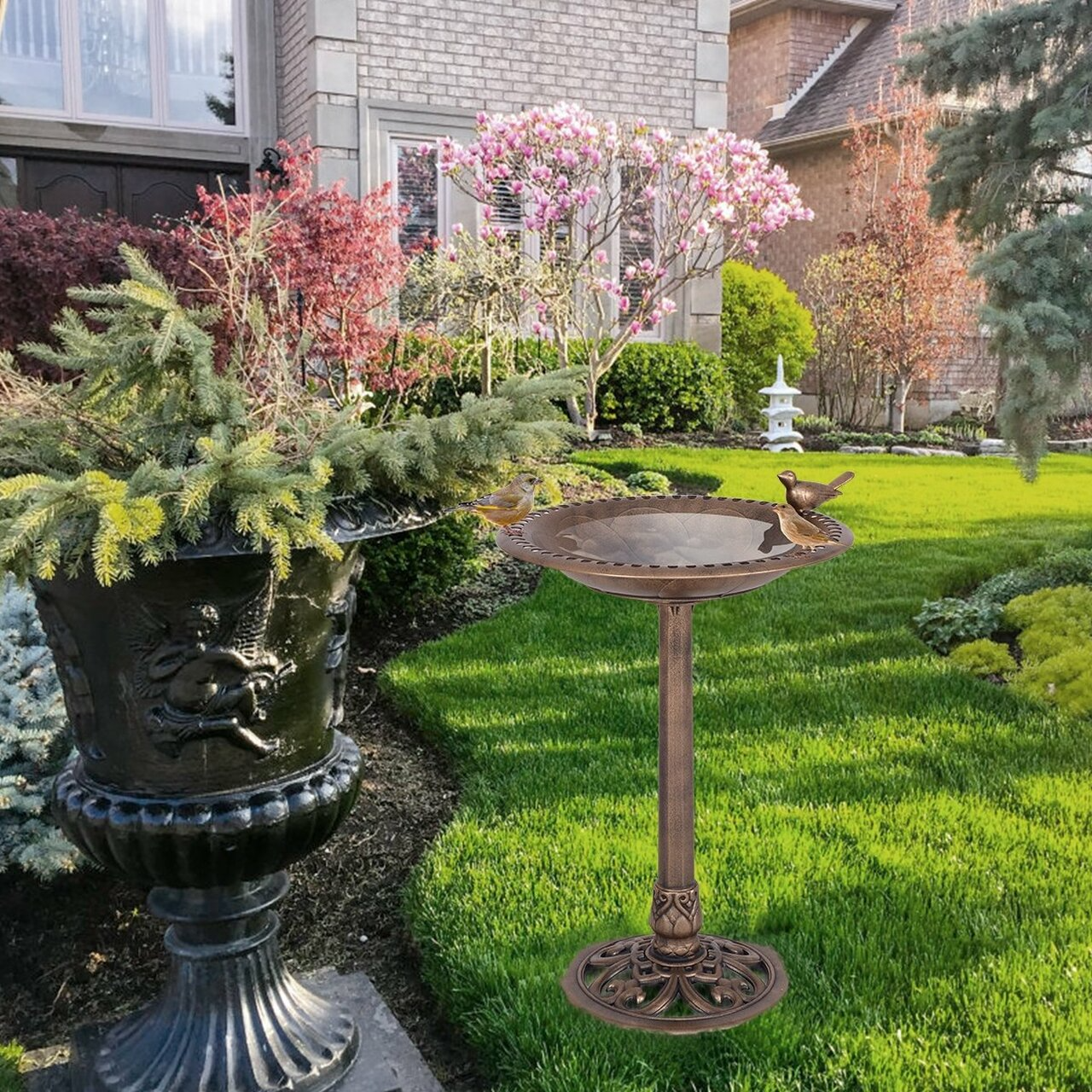 Antique Gold Freestanding Pedestal Bird Bath Feeder with solar light